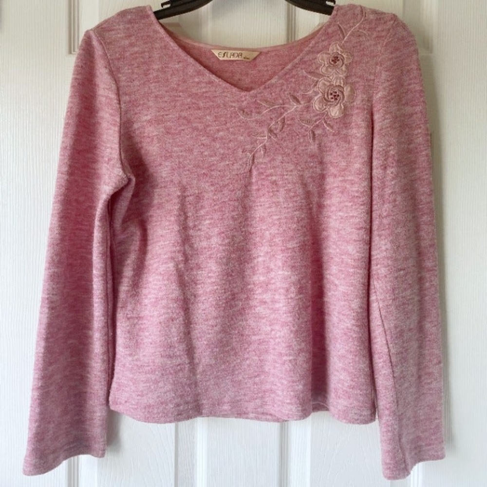 Pink Floral Embroidered V-Neck Sweater